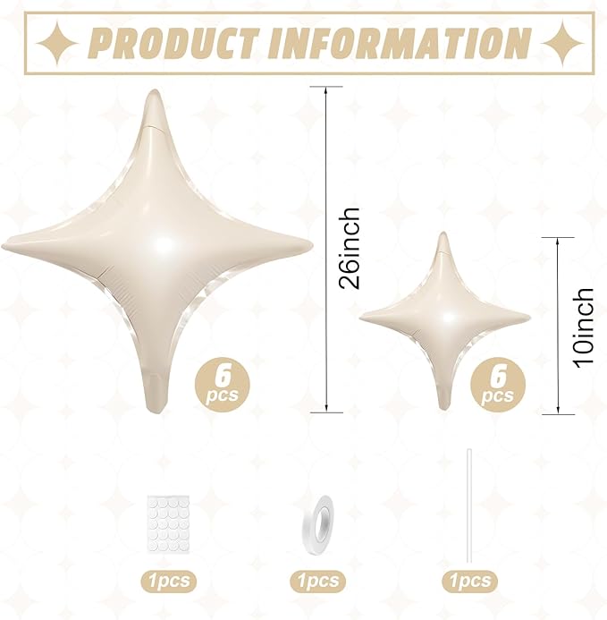 Cream White Star Balloons,12Pcs Four Angle Star Foil Balloons,26Inch and 10Inch Sand White Quadrangle Helium Balloon for Birthday Baby Shower Anniversary Party Decorations