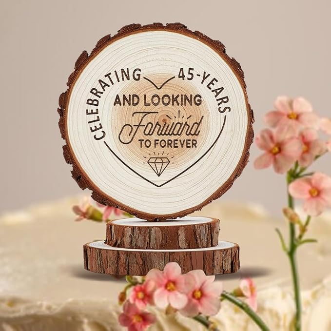 Anniversary Cake Topper - Personalized 45th Wedding Cake Toppers, Celebrating 45 Years and Looking Farward to Forever Custom Wood Rustic Decorations, Cheers to 10, 16, 25, 30, 50, 70 Birthday Gifts