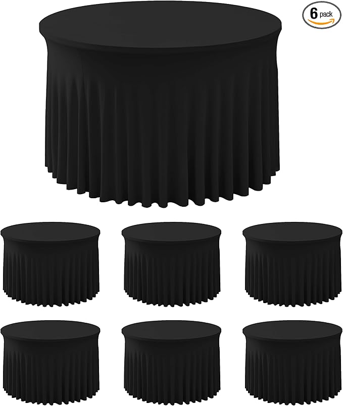 HolidayIdeas 60 Inch Black Spandex Round Table Skirts,Fitted Stretch Tablecloths for Round 5 ft Table, Wrinkle-Free Ruffle Design Tablecloths for Banquets,Trade Shows, Parties, Events, 6 Pcs