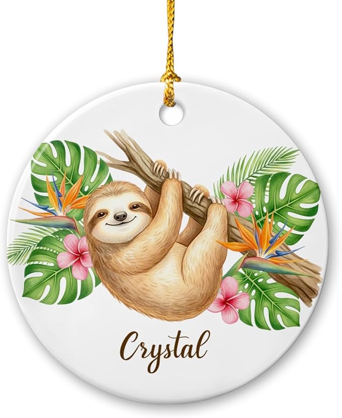 Personalized Sloth Lover Ceramic Ornament, Christmas Sloth Animal Keepsake, Animal Decor Gift for Boys Girls Sloths Lovers, Customized Name Wildlife Ornament, Sloths Hanging Xmas Tree Decoration