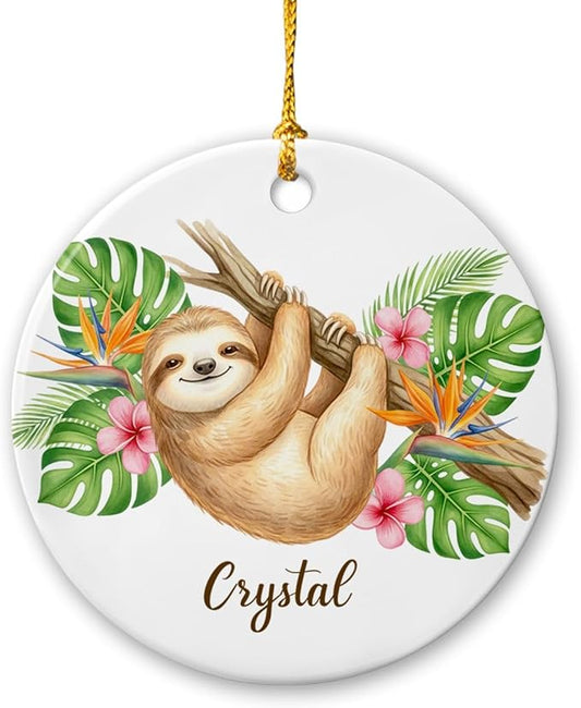 Personalized Sloth Lover Ceramic Ornament, Christmas Sloth Animal Keepsake, Animal Decor Gift for Boys Girls Sloths Lovers, Customized Name Wildlife Ornament, Sloths Hanging Xmas Tree Decoration