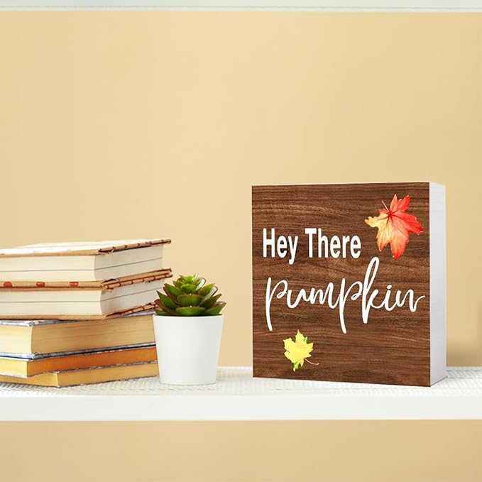 Funny Autumn Wood Box Sign Hey There Pimpkin Wooden Block Desk Decor for Home Office Kitchen Cubicle Table Shelf Tabletop,Farmhouse Fall Sign Decor