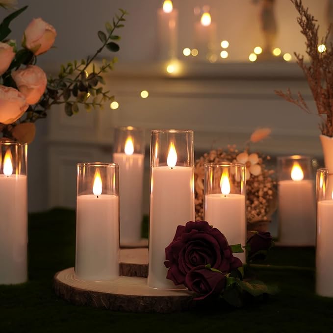 Amagic Pure White Flameless Candles, Battery Operated Candles, Acrylic Flickering LED Pillar Candles with Remote Control and Timer, 3D Wick, Yellow and Blue Glow, D2.2 xH5 6" 7", Set of 9