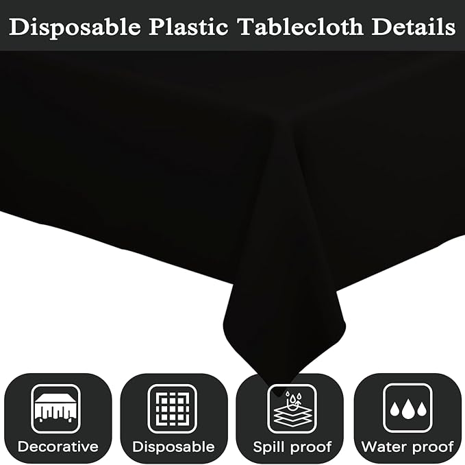 WNINK 6 Pack Black Tablecloths Disposable Table Covers 54" x 108" Table Cloths for BBQ Birthday Picnic Bridal Shower Engagement Wedding Plastic Table Cloths for Parties