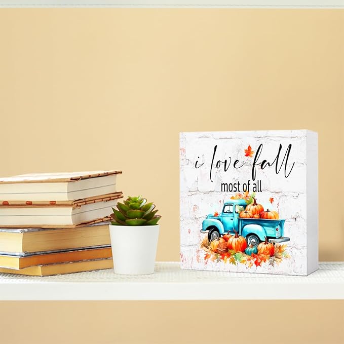 Funny Autumn Wood Box Sign I Love Fall Most Of All Wooden Block Desk Decor for Home Office Kitchen Cubicle Table Shelf Tabletop,Farmhouse Fall Sign Decor