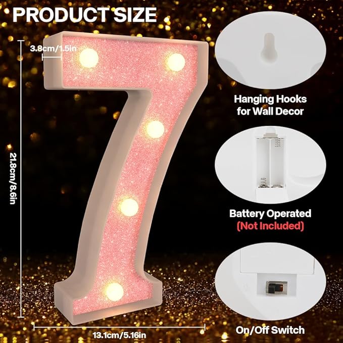 Marquee Numbers Light up Numbers, 0-9 Number Battery Powered LED Light, Pink Glitter Plastic Numbers for 70th Birthday Decorations, Number Decor for Graduation Engagement Wedding Birthday (Number 70)