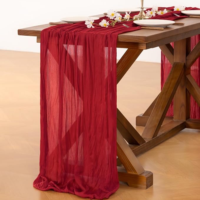 Socomi Red Fall Thanksgiving Cheesecloth Table Runner Boho Rustic Gauze 120 inch 10FT Cheese Cloth Runner for Wedding Party Baby Shower Birthday Home Decor Holiday Decorations