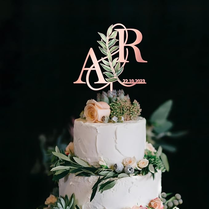 Personalized Wedding Cake Topper in Acrylic Custom Bride and Groom Initial Cake Topper Cake Decoration (Green Leaves)
