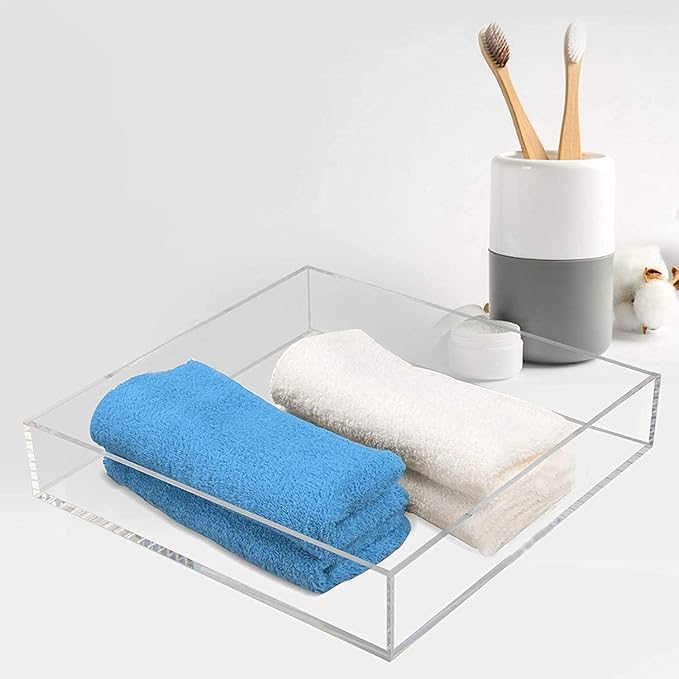 Waterproof Acrylic Vanity Tray, Remote Control Sturdy Valet Tray Organizer, Lucite Nightstand Dresser Bathroom Organizer, Square Acrylic Tray (Clear-10''x10'')