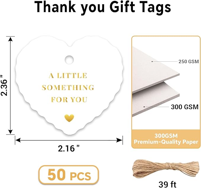 50pcs Gold Foil Thank You Tags with String, Pre-Punched Hole Gift Tags with String - Perfect for Weddings, Baby Showers, Parties, Holidays, Anniversaries, Celebrations (2.36"*2.16")