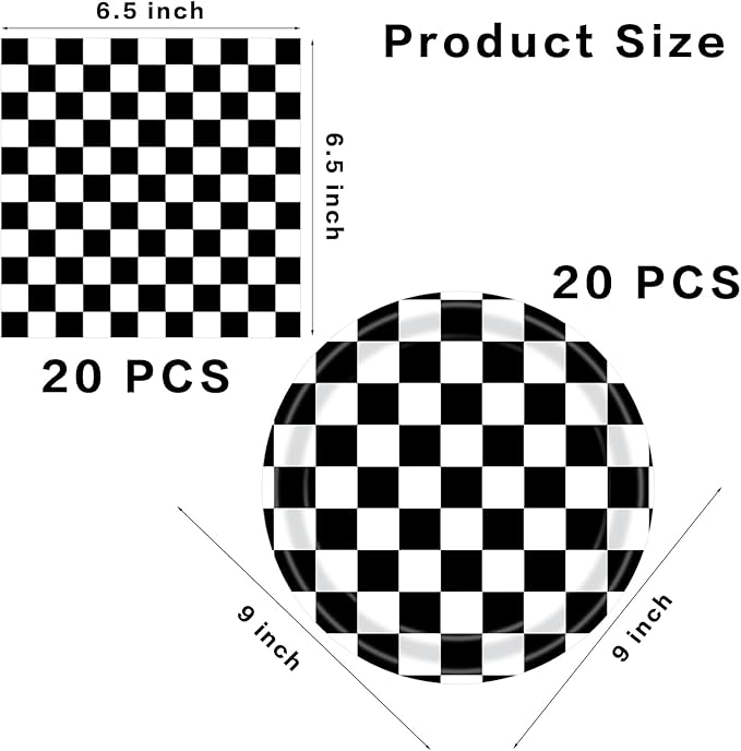 40 Pcs Race Car Birthday Party Decorations - Black and White Checkered Plates and Napkins for 20 Guests, Disposable Tableware Supplies for Birthdays, Game Day, and Racing-Themed Parties