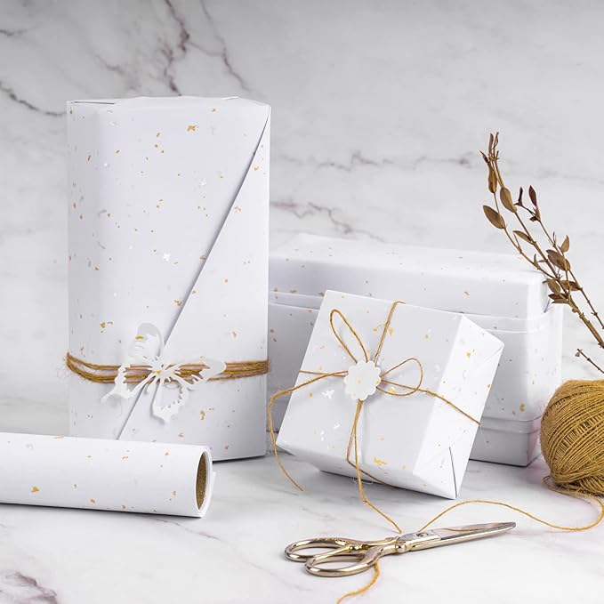 WRAPAHOLIC White Wrapping Paper Roll - Mini Roll - 17 Inch x 16.5 Feet - White Gold Design with Silky Touch Perfect for Birthday, Wedding, Baby Shower, Holiday