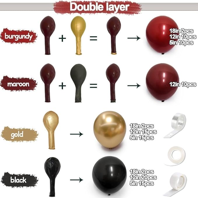 Burgundy Black Gold Balloon Garland Double Stuffed Dark Red Gold Maroon Black Balloon Arch Kit for Christmas New Year Birthday Anniversary Prom Party Decoration