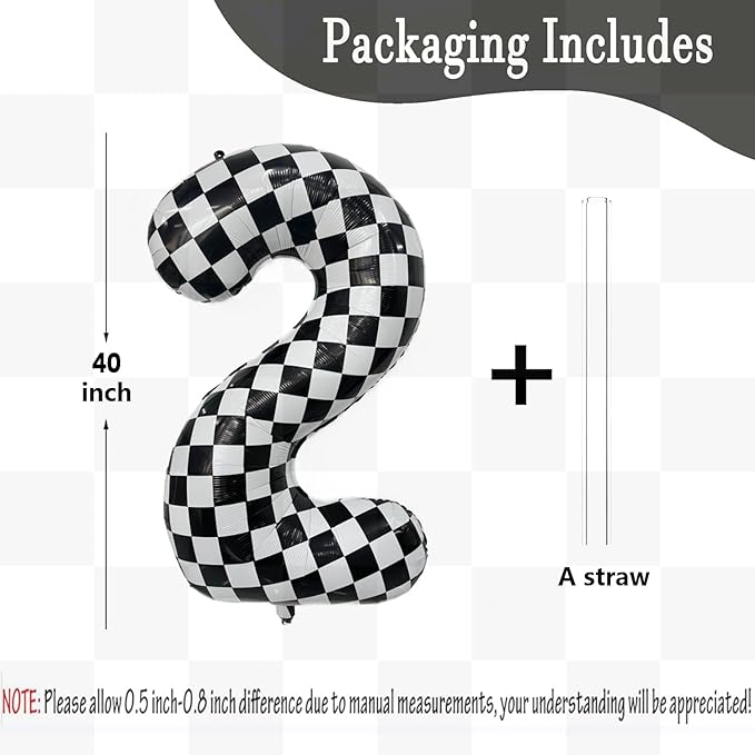 40 Inch Checkered Number Balloon 2 Black and White Number 2 Balloon Foil Helium Balloons for Birthday Party Decoration Girls Boys Baby Shower Anniversary Decoration Race Car Party Decoration