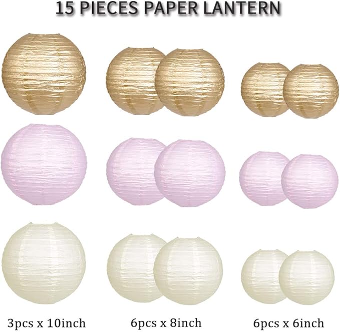 Paper Lanterns Decorative, Round Hanging Paper Lanterns Decorations for Wedding Engagement Baby Showers Birthday Party Supplies Pink/Gold/Ivory 15pcs