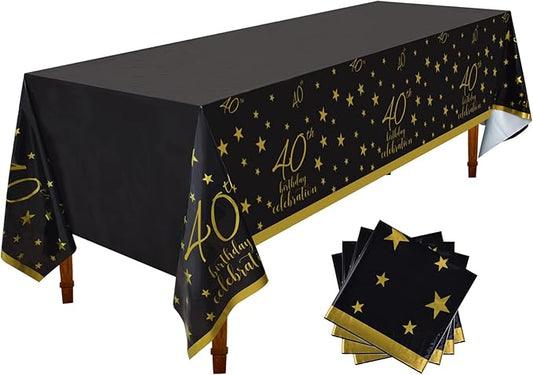 Gatherfun 40th Birthday Disposable Tablecloth 4 Pack Gold and Black Waterproof Plastic Table Cover for Men Woman 40 Birthday Party Decorations