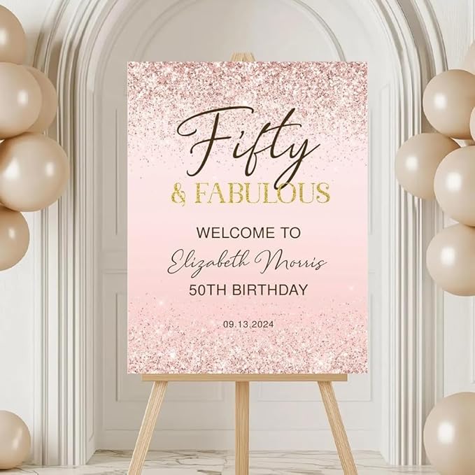 50th Birthday Welcome Sign Printable Rose Gold Fifty and Fabulous Dinner Party Women, customized birthday yard signs, birthday decorations, birthday Sign
