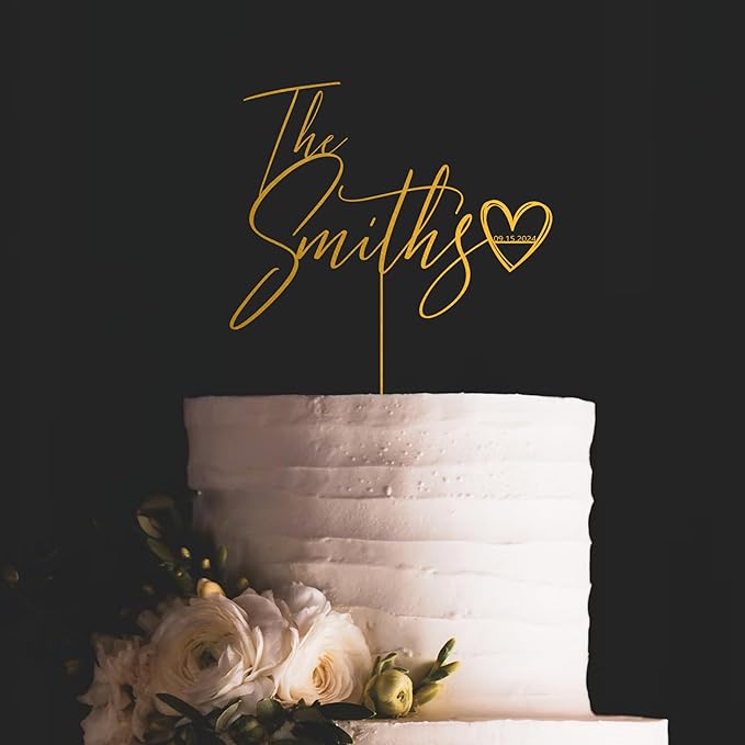 Noni Luxury Personalized Wedding Cake Topper with date and heart, Custom Couples Script Cake Topper for Weddings, Rustic Cake Topper, Mr and Mrs Cake Toppers for Wedding, Custom Cake topper