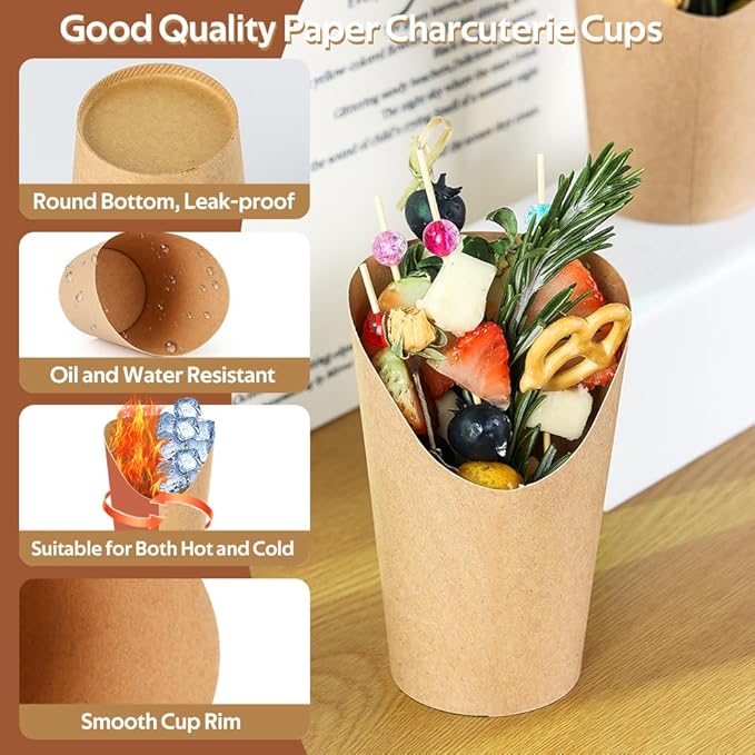 100 Sets 12 oz Charcuterie Cups with Sticks, 300 Picks + 100 Bags + 100 Labels, Individual Charcuterie Cups, Brown Paper Snack Cups Disposable French Fry Cups for Parties, Catering