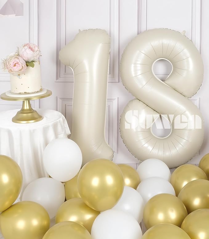 SUWEN 40 Inch Cream White Large 18 Number Balloons Big Foil Helium Number Balloons 0-9 Jumbo Happy 18th Mylar Birthday Party Decorations for Boy or Girl 81 Anniversary Party Supplies
