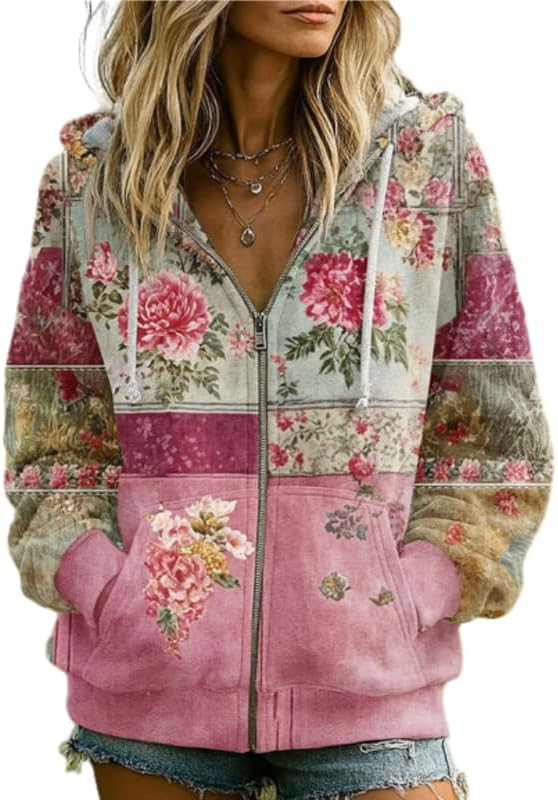 OSCORP Women’s Boho Patchwork Floral Embroidered Hoodie, Vintage Mixed Pullover Sweatshirt with Drawstring for Fall Winter