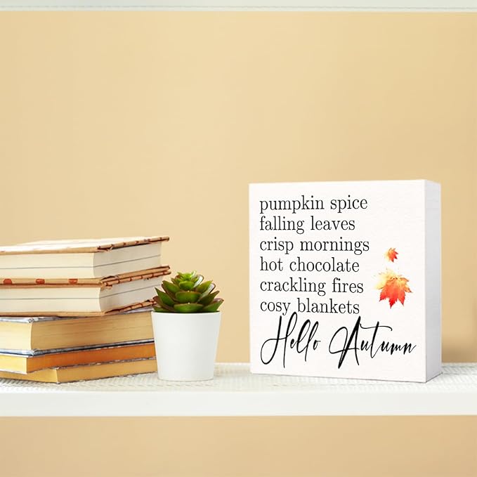 Funny Autumn Wood Box Sign Hello Autumn Wooden Block Desk Decor for Home Office Kitchen Cubicle Table Shelf Tabletop,Farmhouse Fall Sign Decor