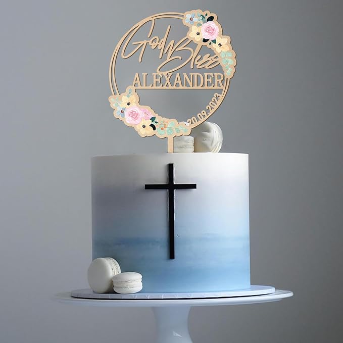 Personalized God Bless Cake Topper Custom Name & Date Baptism Christening Communion Cake Topper Decoration (Design 01)