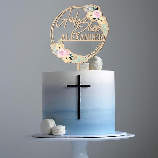 Personalized God Bless Cake Topper Custom Name & Date Baptism Christening Communion Cake Topper Decoration (Design 01)