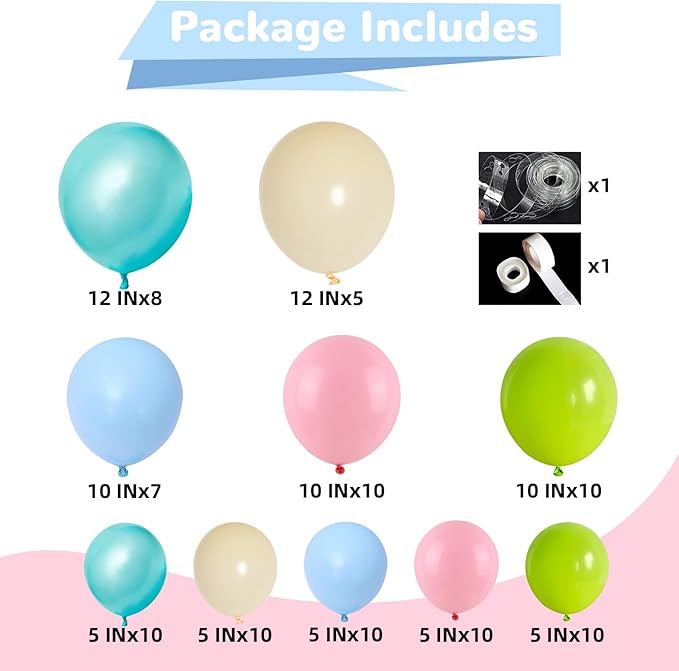 Summer Tropical Balloon Arch Kit Hawaiian Pearl Teal Blue Lime Green Pastel Pink Blue Ivory Colorful Balloons Garland for Hawaiian Luau Aloha Pool Beach Birthday Baby Shower Party Decorations