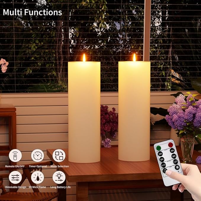 12" x 4" Large Outdoor Candle with Timer Waterproof Flickering LED Flameless Candle Battery Operated with Remote Fake Pillar Candle Realistic for Patio Porch Lantern, Ivory 1 Pack