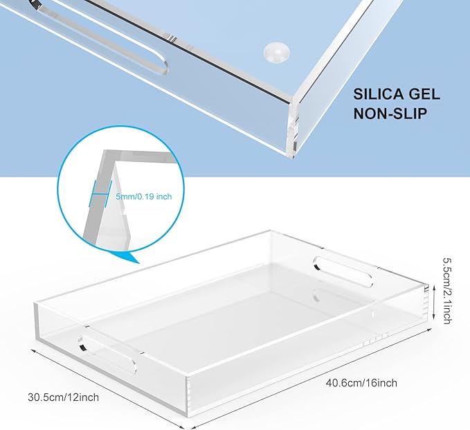 Acrylic Serving Trays with Handles, 16"x 12" Rectangle Sturdy Breakfast Tray, Clear Decorative Trays Organiser for Bedroom, Kitchen, Living Room, Bathroom, Hospital and Outdoors