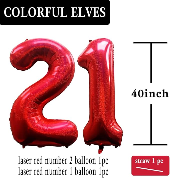 Laser Red Number 21 Balloons 40 Inch Giant Number Red 21 Foil Mylar Balloons for 21st Birthday Anniversary Events Party Decorations