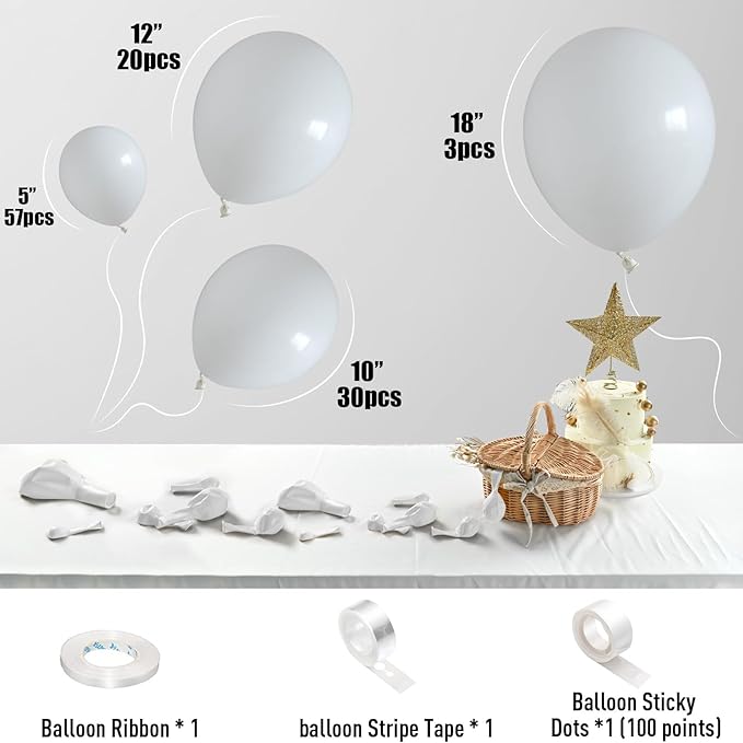 White Balloons 113Pcs Arch Garland Kit 5/10/12/18Inch Matte White Helium Party Balloons Latex for Birthday Engagement Decorations