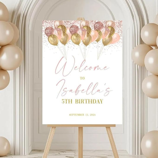 Gold and Pink Birthday Welcome Sign Template Editable Balloons Birthday Printable Blush Pink Sign Birthday Party Decor Poster, birthday decorations, birthday Sign