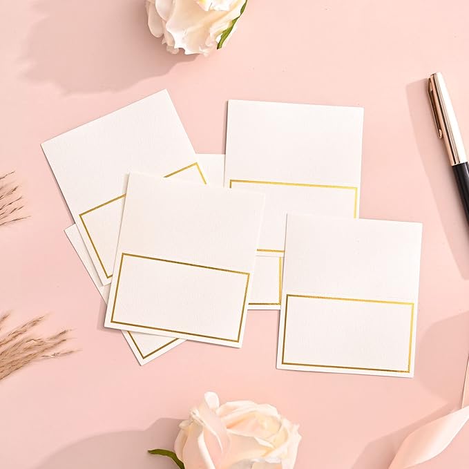100 Pack Place Cards for Table Setting with Gold Foil Border Table Tent Cards for Seating Perfect for Weddings, Dinner Parties, Banquets 2” x 3.5”