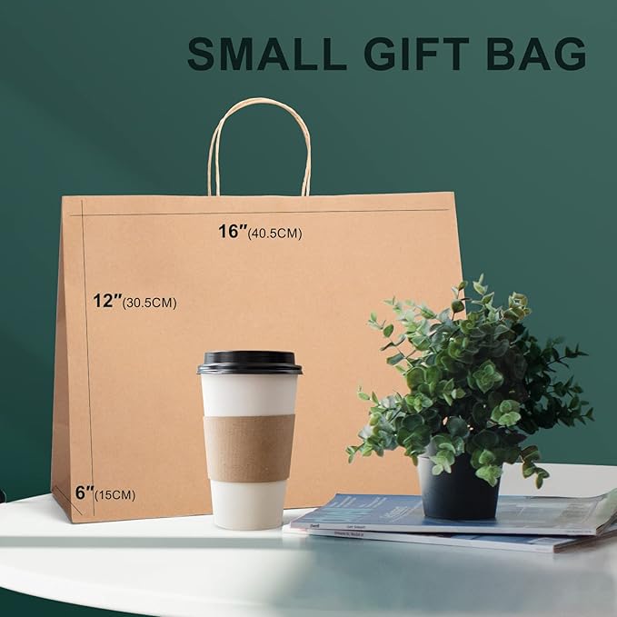 METRONIC 16x6x12 Inch Paper Gift Bags 25Pcs, Gift Wrap Bags with Handles, Brown Kraft Paper Bag for Small Business, Heavy Duty Bulk Bag for Birthday Party Favors, Shopping, Retail