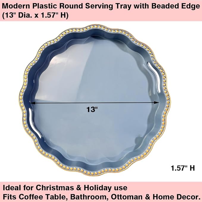 Blue Decorative Tray for Coffee Table, Wavy Scallop Beaded Plastic Serving Tray forKitchen Counter, Ottoman, Living Room, (13")