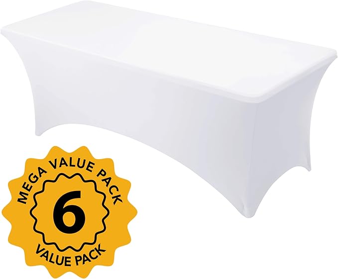 6-Pack Premium White Spandex Tablecloths for 8ft Rectangle Tables, Stain & Wrinkle-Resistant, Washable Stretch Polyester Fitted Table Cover for Weddings, Banquets, Trade Shows Events