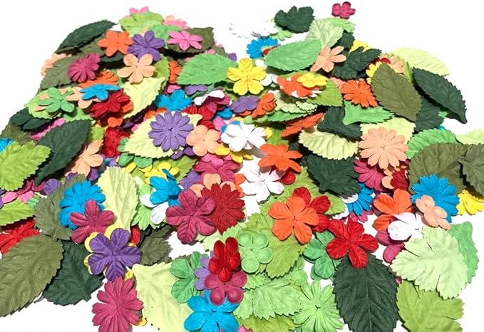 200 Pcs Handmade Mixed Mulberry Paper Flowers Petals and Leaves Scrapbooking Wedding DIY Craft Supplies Card (10 Colors Flowers/Green Tone Leaves)