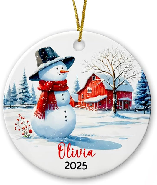 Winter Snowman Christmas 2025 Ornament, Personalized Farmer Snowman Xmas Ornament Gift for Dad Husband Grandpa, Snowman in Farmhouse Ceramic Ornament, Custom Name & Year Ornament for Xmas Tree 2025