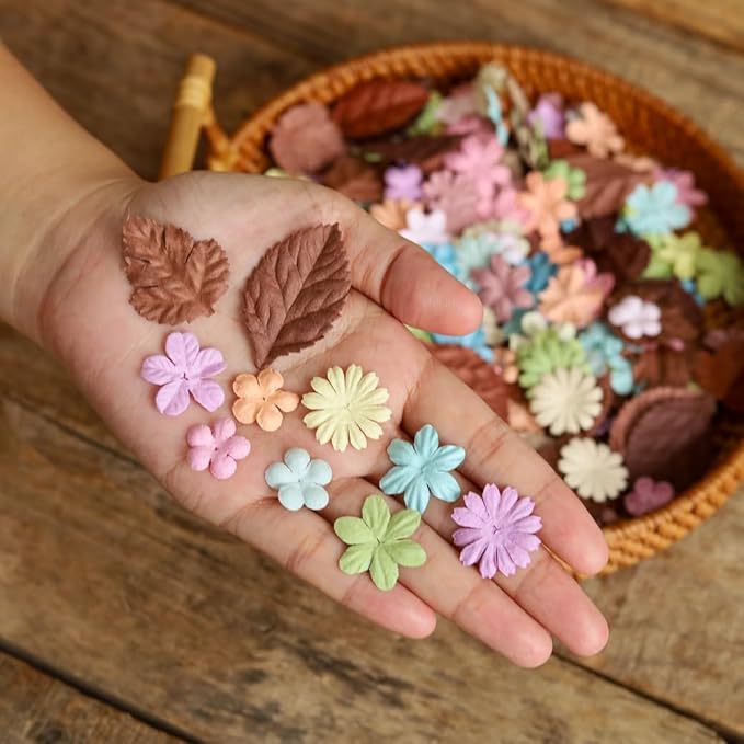 200 Pcs Handmade Mixed Mulberry Paper Flowers Petals and Leaves Scrapbooking Wedding DIY Craft Supplies Card (10 Colors Flowers/Brown Tone Leaves)