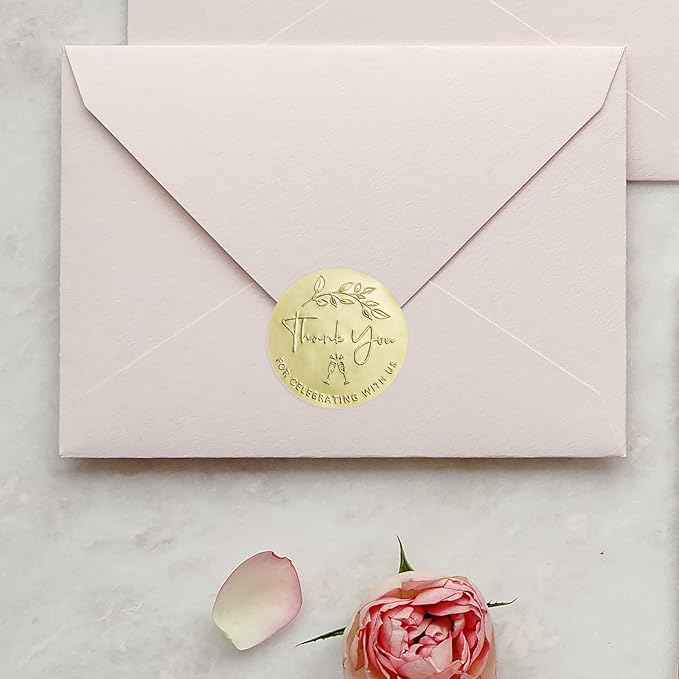 100 x Embossed Wedding Stickers Thank You for Celebrating with Us Favor Tags Party Favor Labels Gold Foil Embossed Round Sticker Tags Metallic Foil Wedding Decor 1.6 inch