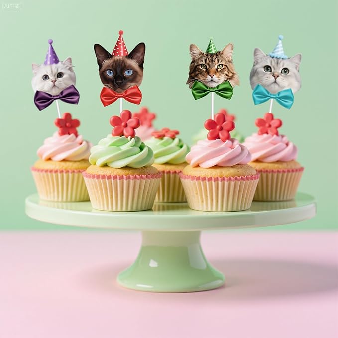 24 Pcs Adorable Cat Cupcake Topper,8 Unique Designs About Cute Cats with Party Hats Cupcake Decorations for Cat Theme Birthday Party Supplies