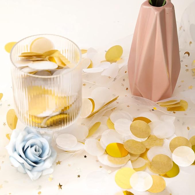 TecUnite Round Tissue Paper Table Confetti Dots for Wedding Birthday Party Decoration, 1.76 oz(White Gold Confetti,2.5 cm)
