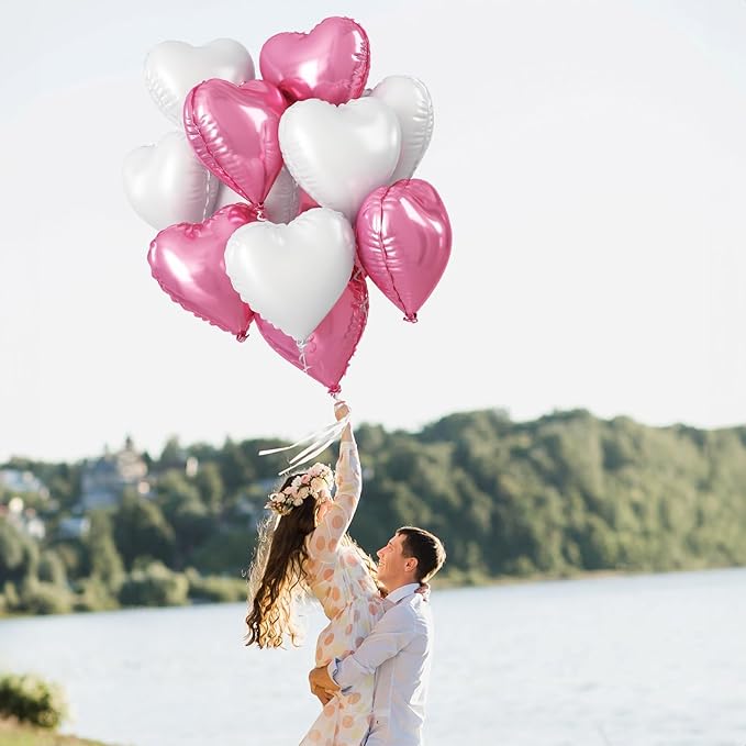 Heart Foil Balloons, 18 Inch White & Pink Heart Shape Mylar Balloons for Valentine's Day, Birthday, Wedding, Baby Shower Party Decoration