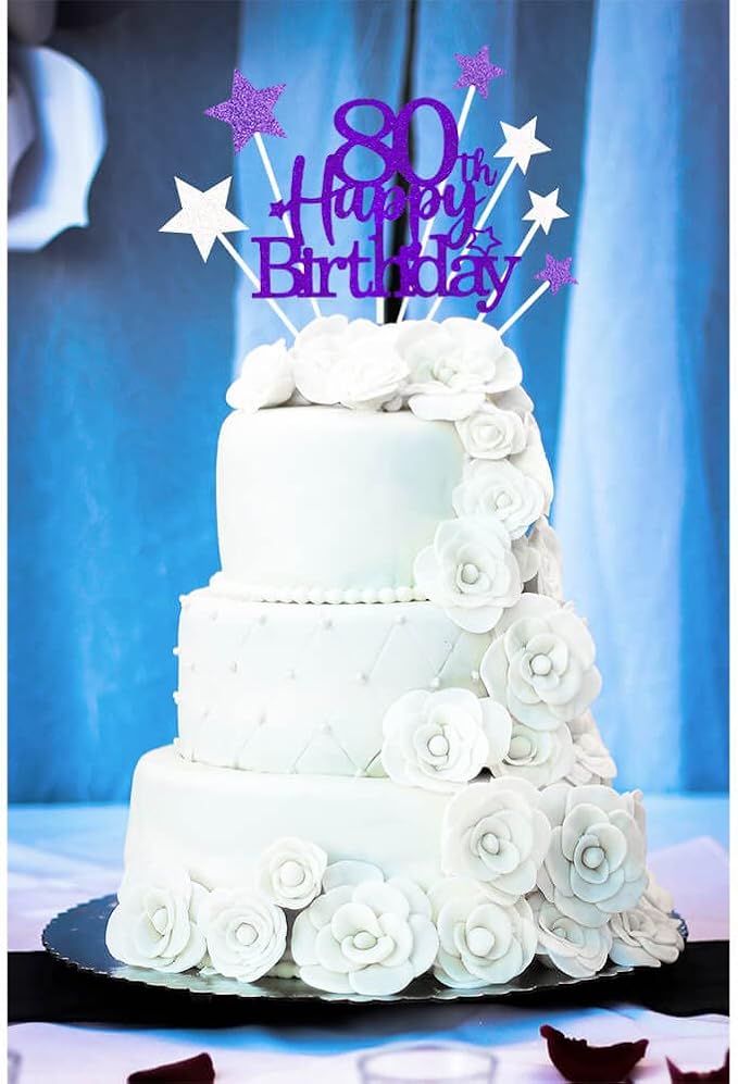 Glittery 80th Happy Birthday Cake Topper with Star,Personalised 80 Birthday Cake Toppers Party Decorations Party Supplies for Men Women Purple Silver
