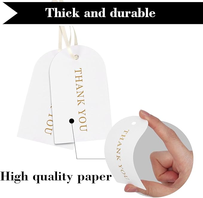SallyFashion 120PCS Thank You Gift Tags, White Gold Stamping Tags Hanging Labels with Ribbon for Party Favors Birthday Baby Shower White