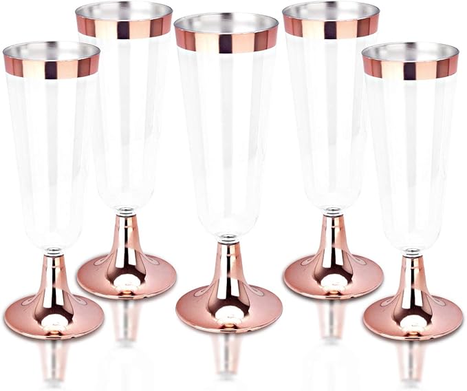 BUCALA 100 Pack Plastic Champagne Flutes - 5OZ Plastic Champagne Glasses With Rose Gold Rim - Premium Quality Disposable Cups - Ideal for Mother's Day/Parties/Weddings