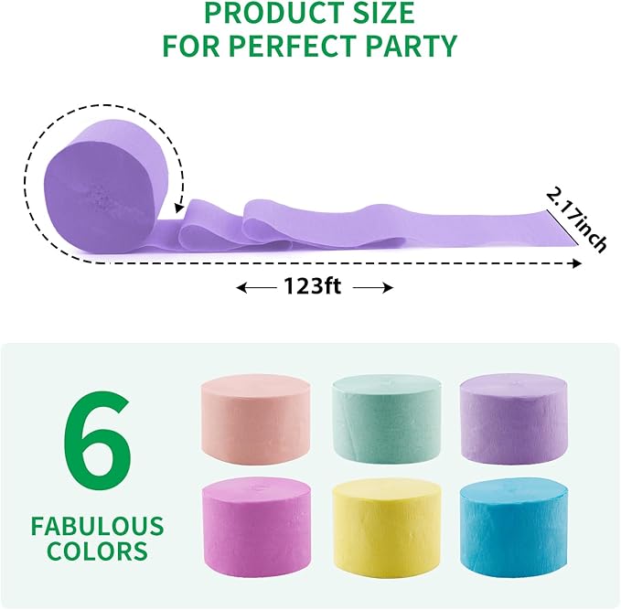 Large Crepe Paper Streamers 6 Rolls 2.2 Inch x 123 Ft/Roll Party Streamers for Party Backdrop Craft Tissue Paper Decorations Wedding Birthday Graduation Decor DIY Supplies - Macaron
