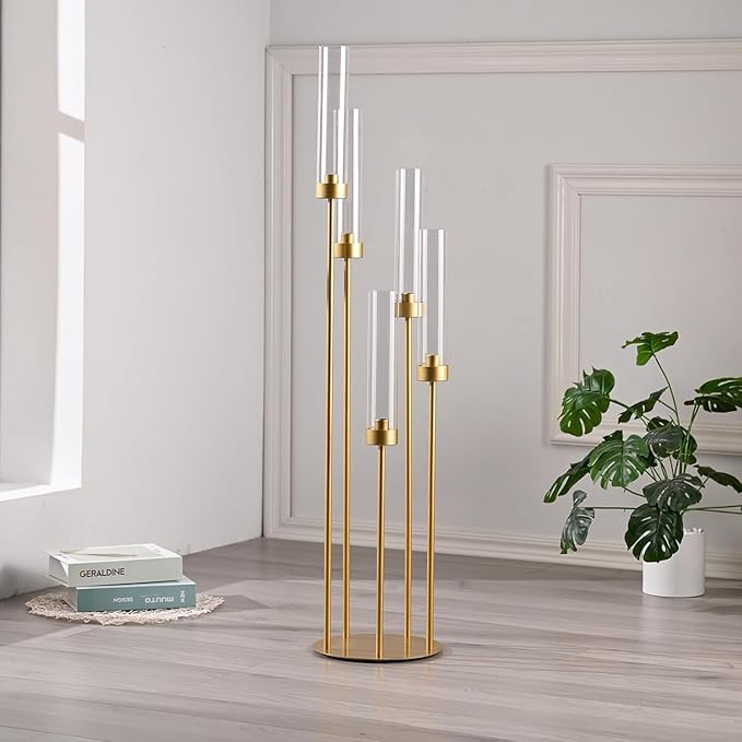 6PCS 5 Arm Candle Holder for Wedding Table,39.4'' Tall Gold Floor Candelabra with Acrylic Lampshade for Birthday Party Home Decoration,Fit LED Taper Candles